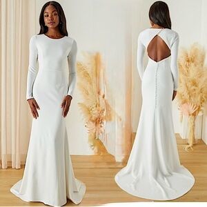 Lulus Eloquent Endearment White Long Sleeve Backless Long Maxi Dress, L, NWT